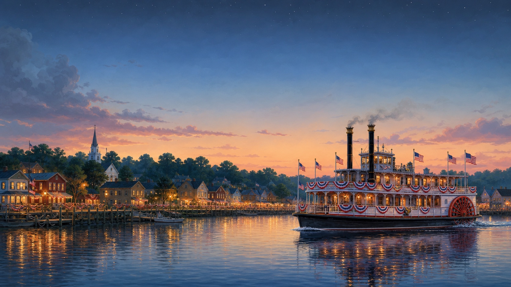 Illustrated Americana river town at twilight with a patriotic paddle boat on the river